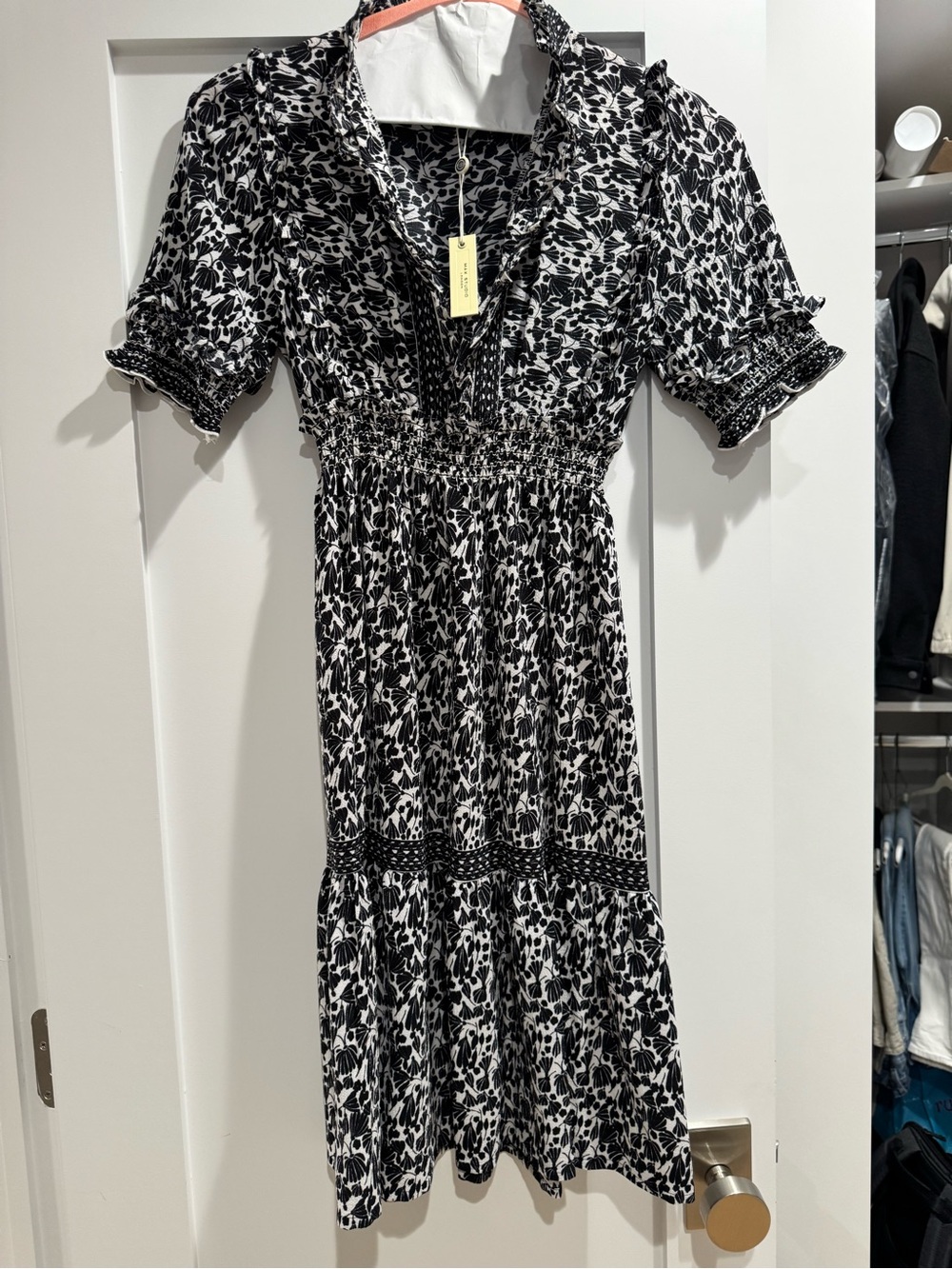 Max Studio Black & White Floral Smocked Midi Dress